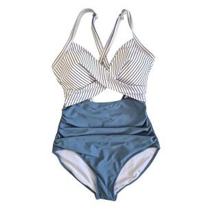 Eomenie Womens One Piece Swimsuit Blue White Striped Ruched Tummy Control Large